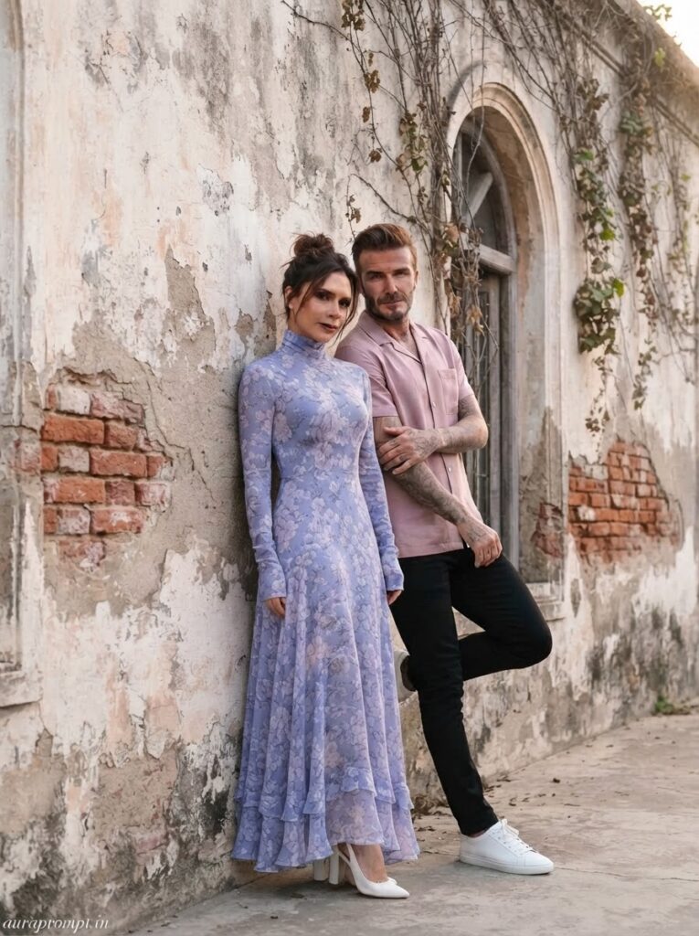 Heritage Wall Lean Couple Photo Editing Prompt 2026 Lavender and Dusty Rose